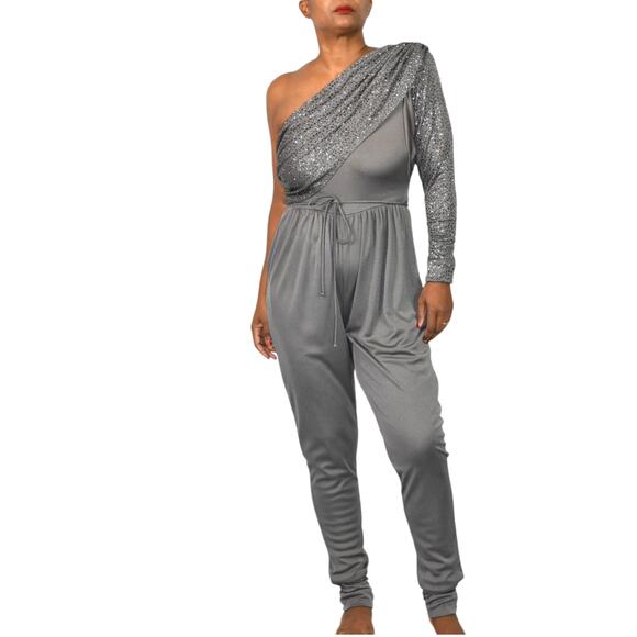 Vintage Climax One Shoulder Jumpsuit Gray Sequin Ruched Draped 70s Retro Small - Picture 15 of 15